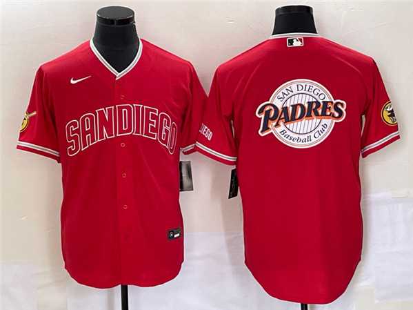 Mens San Diego Padres Red Team Big Logo Cool Base With Patch Stitched Baseball Jersey->san diego padres->MLB Jersey